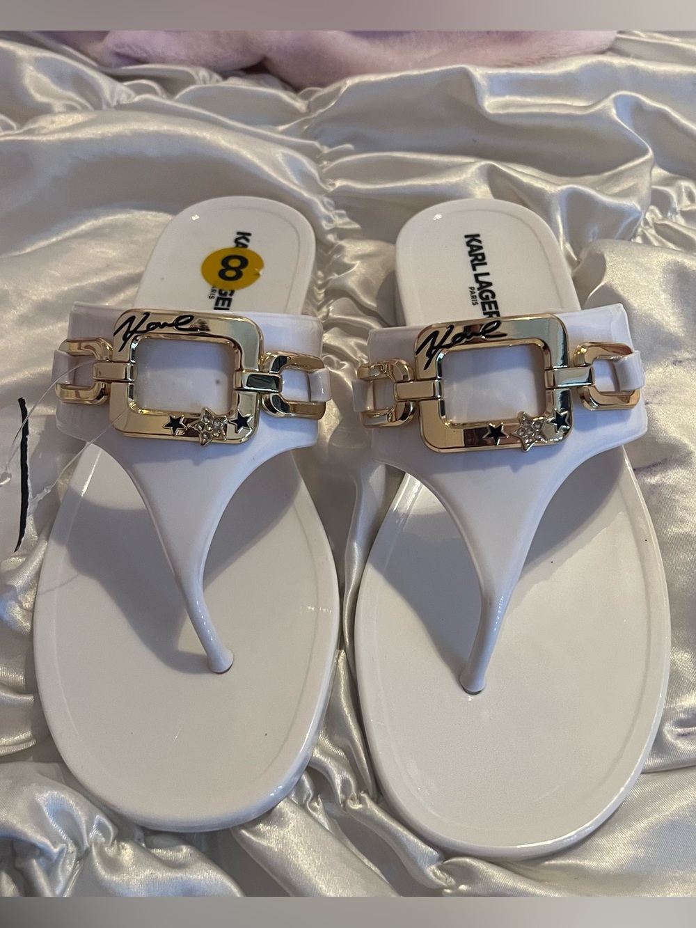 Karl Lagerfeld White Patent Thong Sandals with Gold Accent Buckle